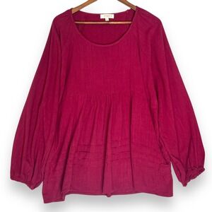 Umgee‎ USA Linen Blend Peasant Blouse Long Sleeve Tunic Maroon Red Lagenlook XL